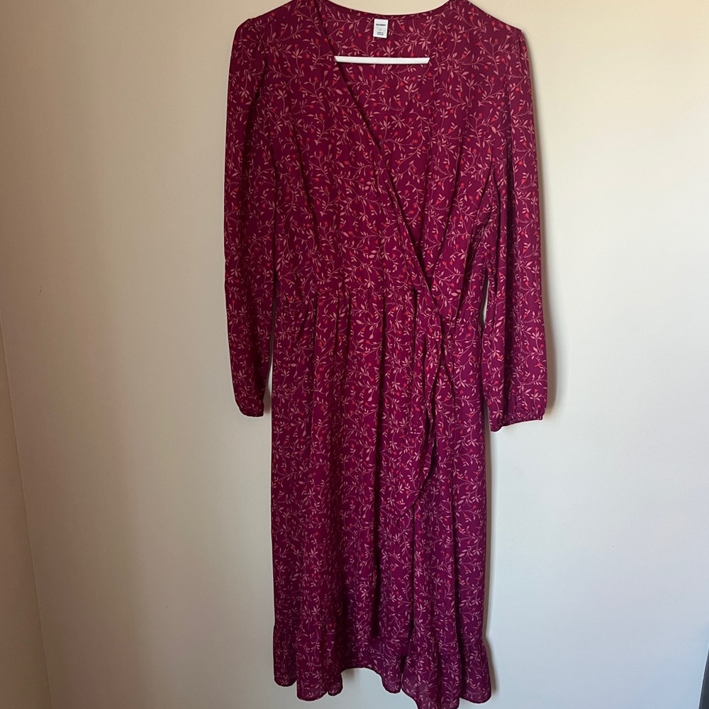 Old Navy Women's Georgette Floral Faux Wrap Midi Dress Large Maroon Cranberry
